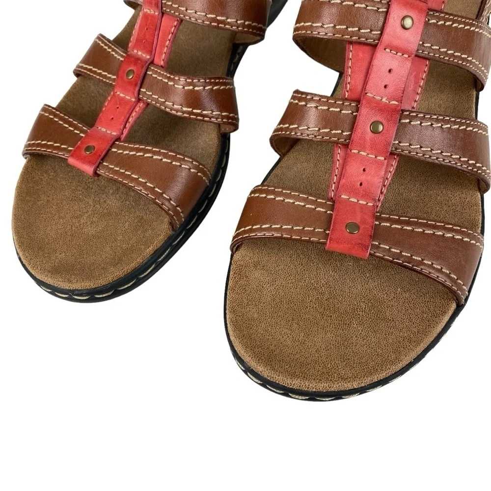 Clarks Brown Leather Sandals Slingback Pink  Women’s Size 12 Hook Loop Adj
